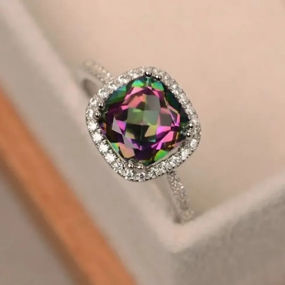 Sterling Silver Rainbow Topaz Diamond Halo Ring
